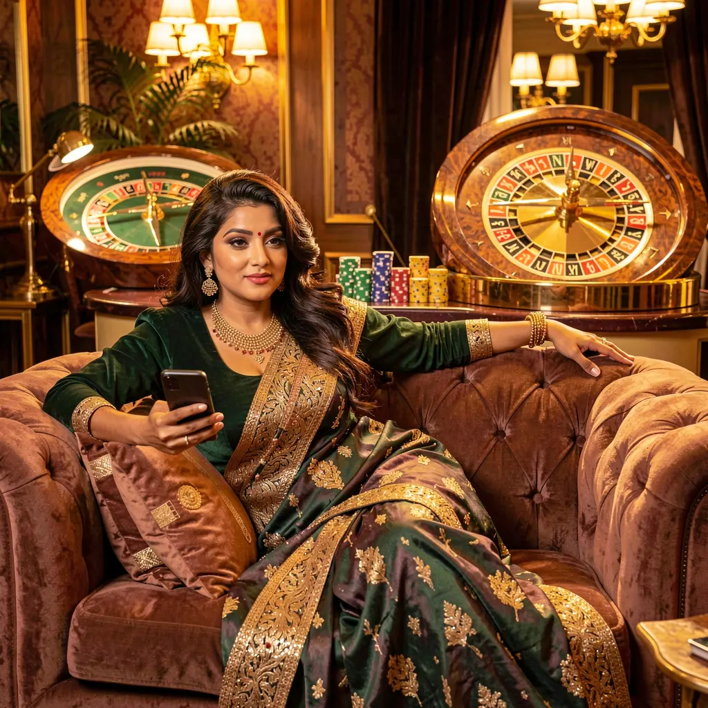 Stylish Bangladeshi woman relaxing on a luxury sofa while using the JYJILI casino app with a glowing roulette wheel behind her