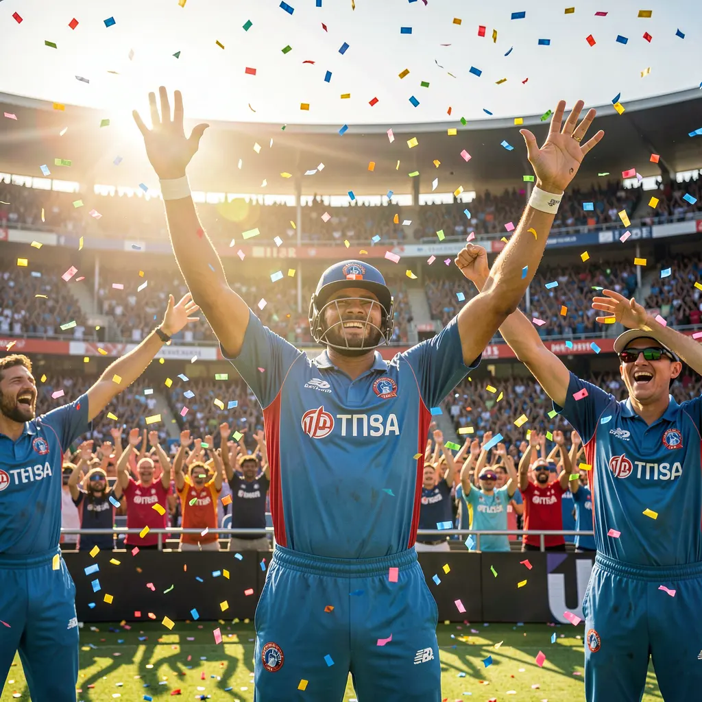 Cricket player celebrating a winning moment on the field with raised arms and cheering fans representing the thrill of betting on JYJILI in Bangladesh