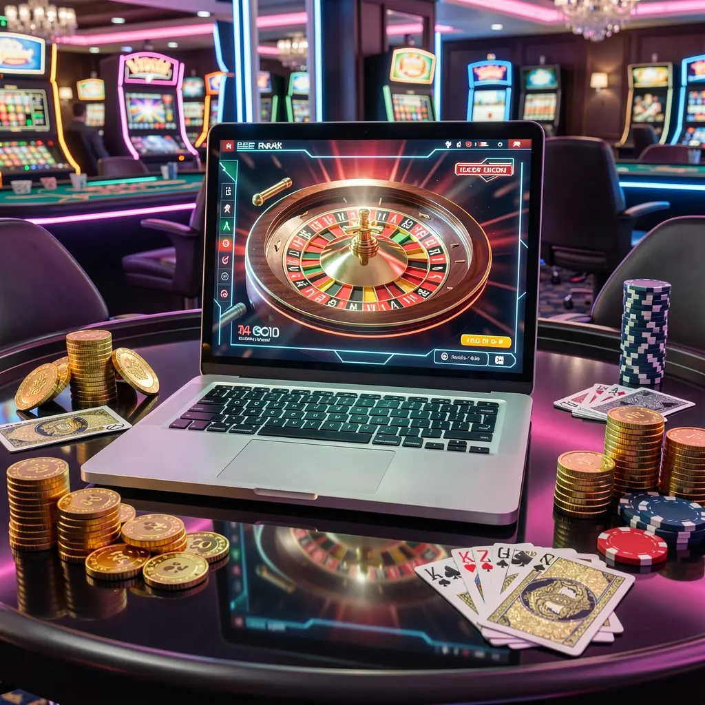 Modern casino laptop surrounded by poker chips and cards with a digital roulette interface representing secure and engaging online gaming at JYJILI Bangladesh