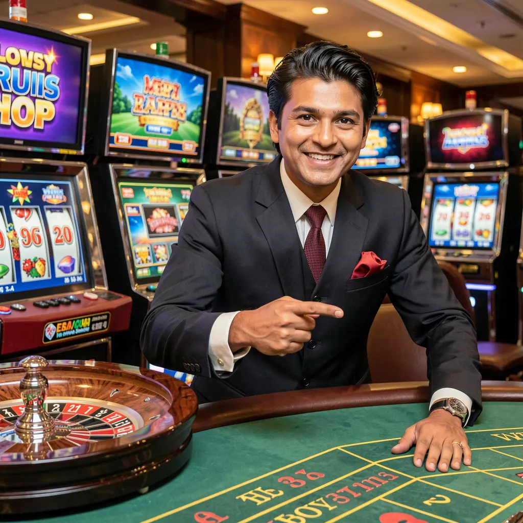 Smiling Bangladeshi casino host pointing forward in a classic uniform with roulette and slot machines behind him representing the JYJILI login experience