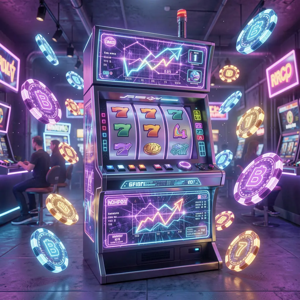 Futuristic slot machine with glowing reels and floating coins in a cyber style casino atmosphere showcasing the immersive online slot experience at JYJILI for players in Bangladesh